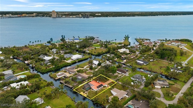 aerial view featuring a water view