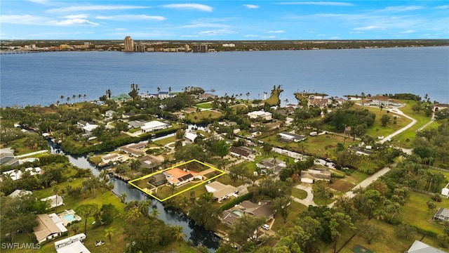 aerial view featuring a water view