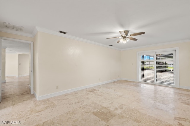 unfurnished room with ceiling fan and ornamental molding