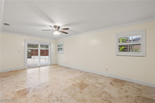 spare room featuring crown molding and ceiling fan