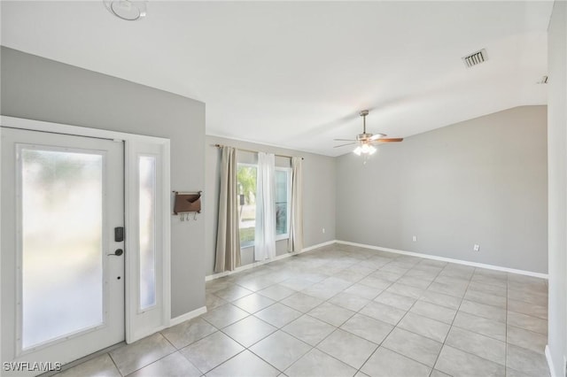 entryway with light tile patterned flooring and ceiling fan