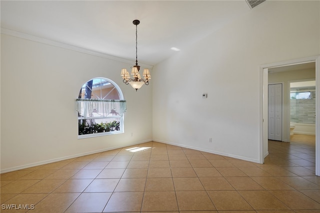 empty room featuring tile patterned flooring, visible vents, baseboards, and a notable chandelier