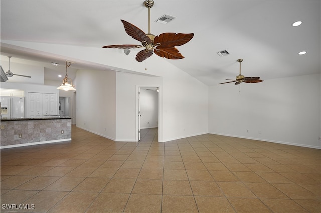 unfurnished living room featuring light tile patterned flooring, recessed lighting, visible vents, and ceiling fan