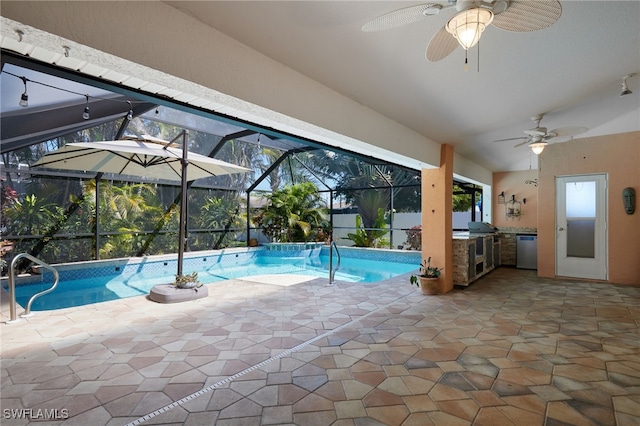 view of pool featuring glass enclosure, area for grilling, grilling area, and a patio area