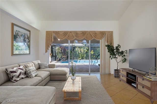 living room featuring light tile patterned flooring