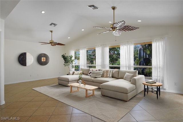 living area with light tile patterned floors, visible vents, lofted ceiling, and ceiling fan