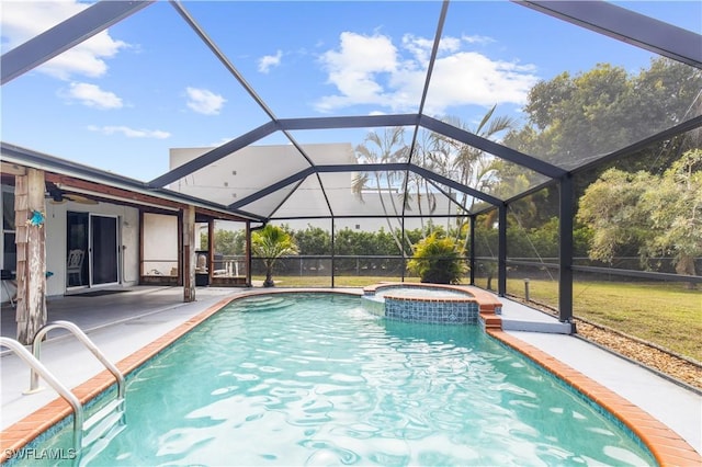 view of swimming pool with an in ground hot tub, a patio area, and glass enclosure