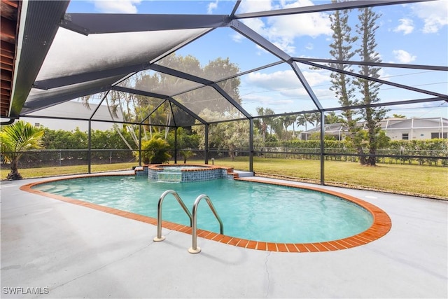 view of pool with an in ground hot tub, a patio, a yard, and glass enclosure