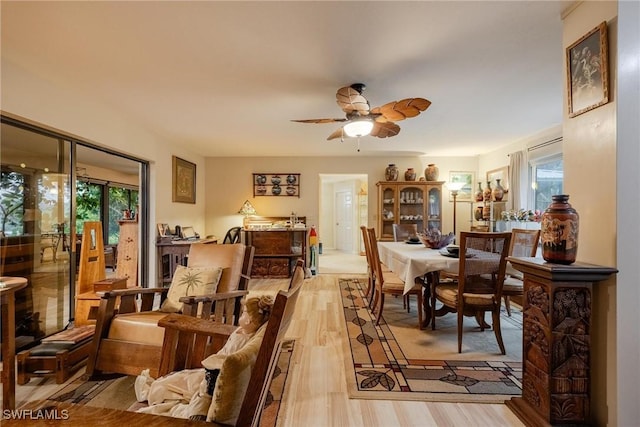 dining area with light hardwood / wood-style flooring and ceiling fan