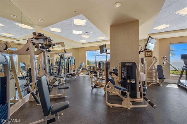 workout area featuring a healthy amount of sunlight and a drop ceiling