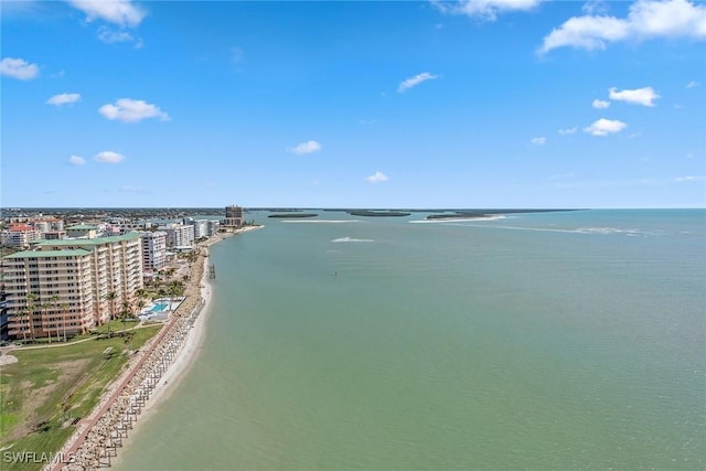 drone / aerial view featuring a water view and a view of the beach