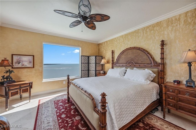 bedroom with a water view, ceiling fan, crown molding, and carpet flooring