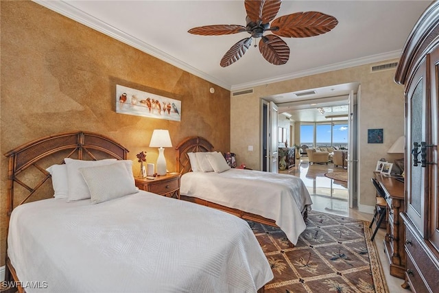 bedroom featuring access to outside, ornamental molding, and ceiling fan