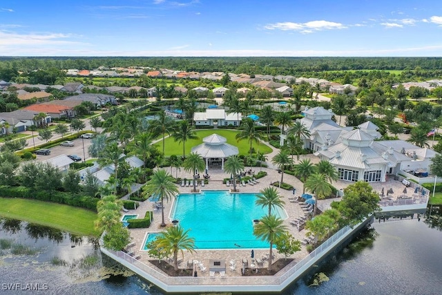 birds eye view of property featuring a water view