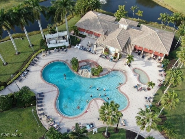 aerial view featuring a water view