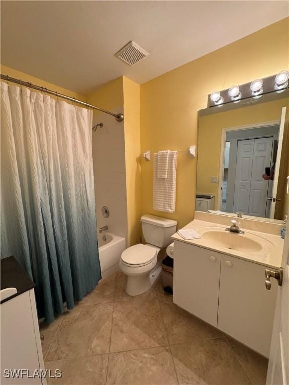 full bathroom with vanity, toilet, shower / bathtub combination with curtain, and tile patterned flooring