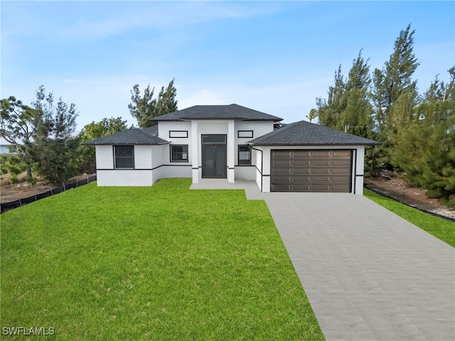 prairie-style home featuring a garage and a front lawn