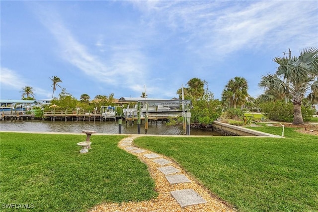 view of dock with a water view and a lawn