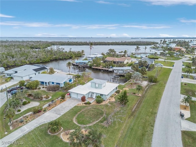 drone / aerial view featuring a water view