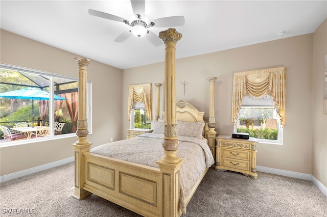 bedroom featuring carpet floors, ceiling fan, and baseboards