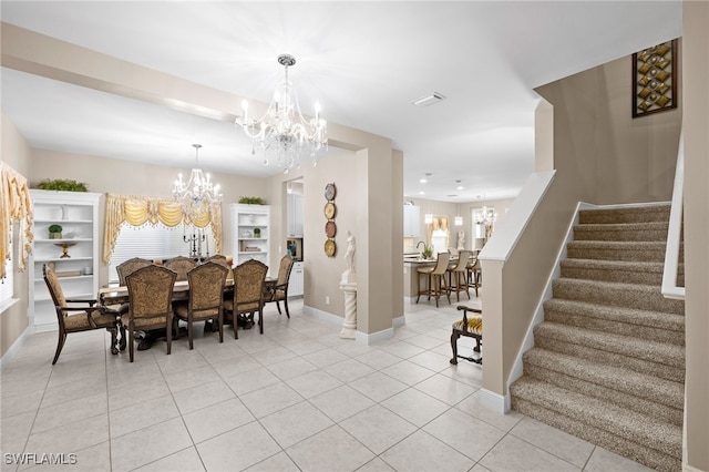 dining space with baseboards, stairway, light tile patterned flooring, and an inviting chandelier