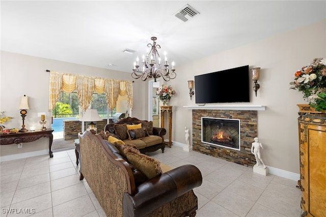 living room featuring visible vents, a stone fireplace, baseboards, and light tile patterned floors