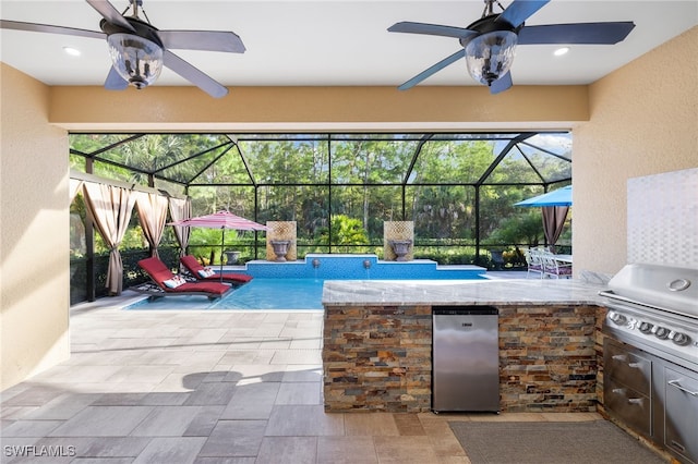 pool with a ceiling fan, area for grilling, grilling area, a lanai, and a patio area