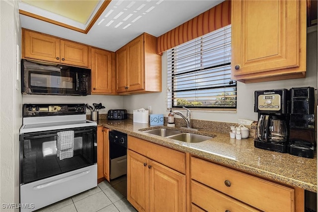 kitchen featuring light tile patterned flooring, light stone counters, sink, and electric range oven