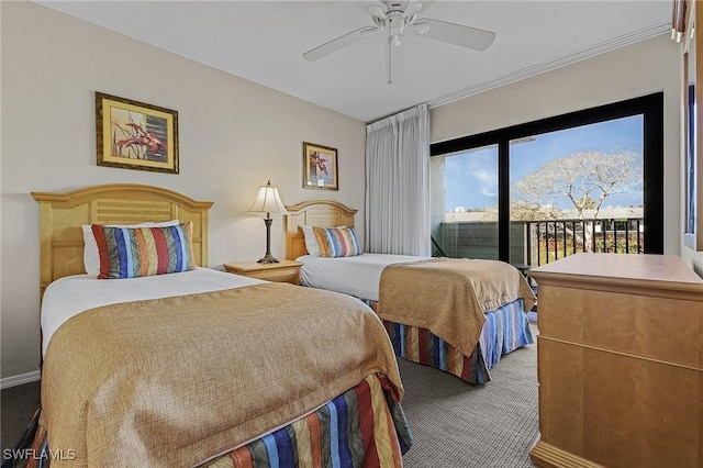 carpeted bedroom with ceiling fan and access to outside