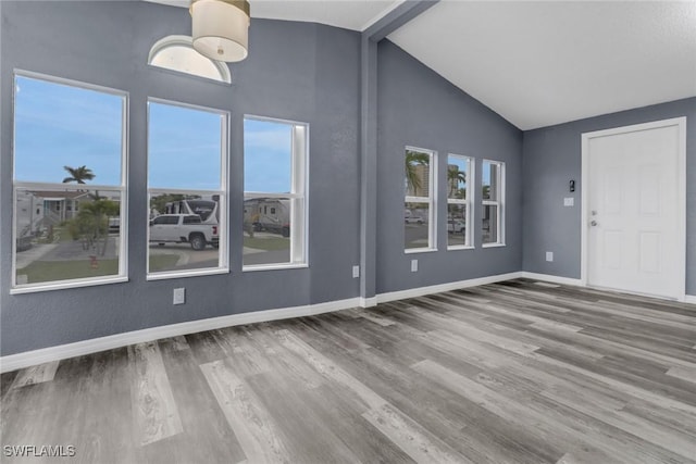 foyer with lofted ceiling and hardwood / wood-style flooring