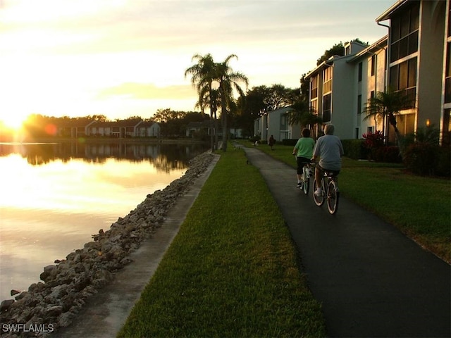 view of home's community featuring a water view and a lawn