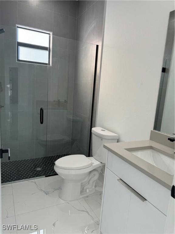 bathroom with vanity, toilet, and walk in shower