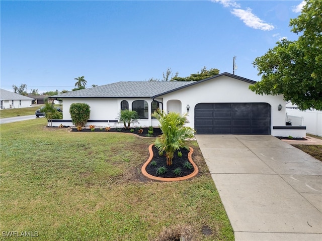 single story home with a garage and a front yard