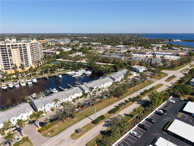 bird's eye view with a water view