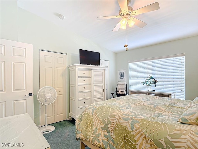 carpeted bedroom featuring ceiling fan