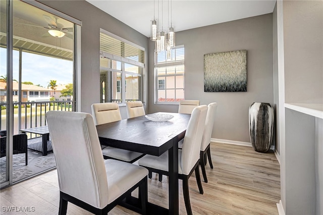 dining area with an inviting chandelier, light hardwood / wood-style floors, and a healthy amount of sunlight