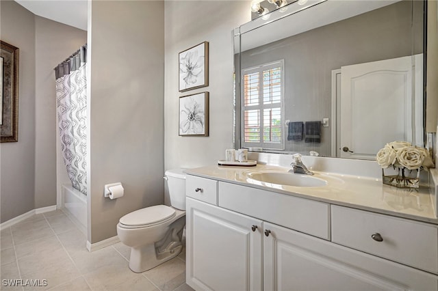 full bathroom featuring tile patterned flooring, vanity, shower / bath combo, and toilet