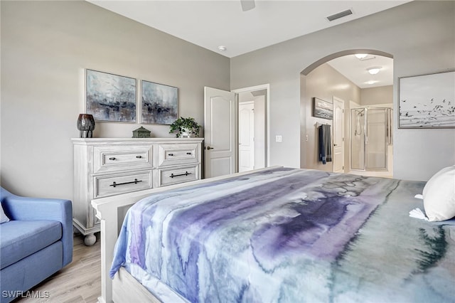 bedroom featuring ceiling fan and light hardwood / wood-style flooring