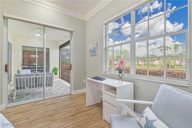 interior space featuring crown molding, light hardwood / wood-style flooring, and ceiling fan