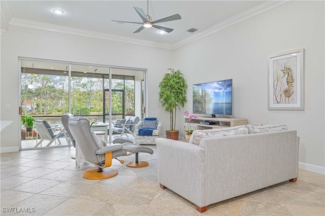 living room with crown molding and ceiling fan