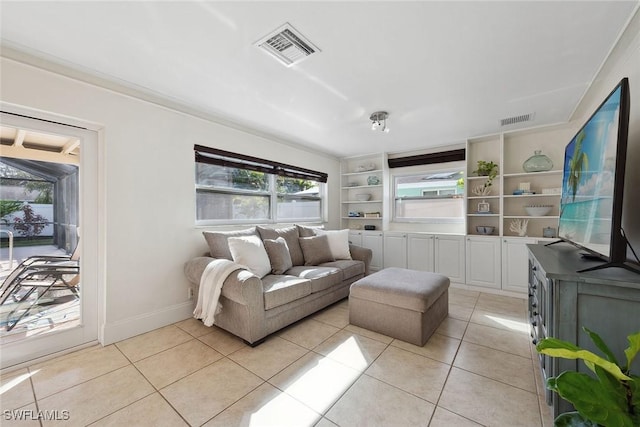 tiled living room with built in features