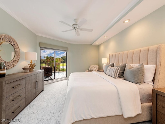 carpeted bedroom featuring crown molding, access to exterior, and ceiling fan