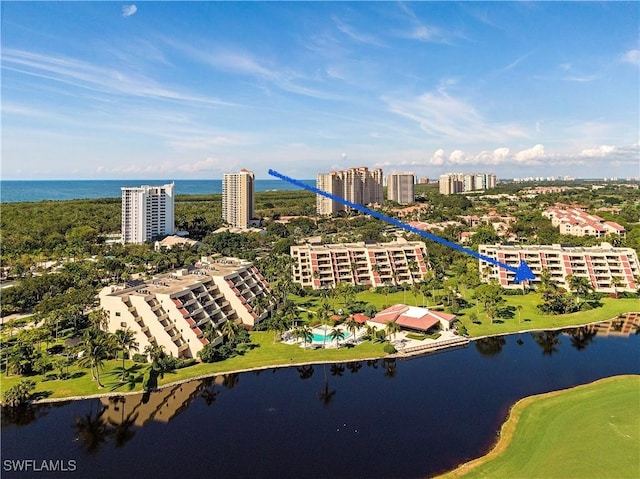 aerial view with a view of city and a water view