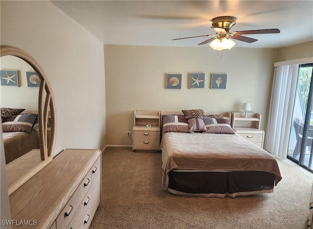 bedroom with ceiling fan, access to outside, and dark colored carpet