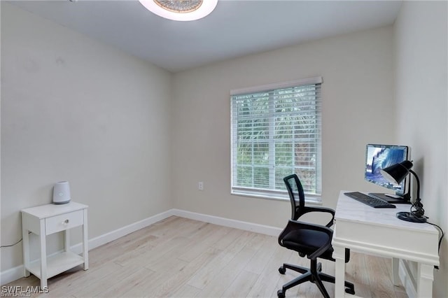 home office featuring a healthy amount of sunlight and light hardwood / wood-style flooring