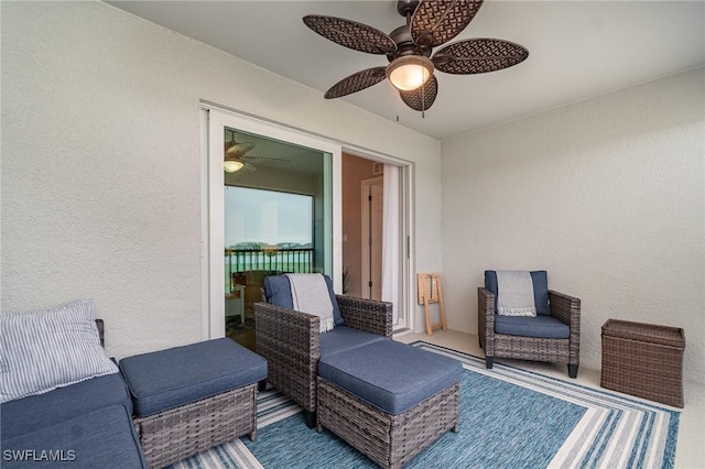 interior space featuring ceiling fan