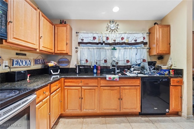 kitchen with light tile patterned floors, sink, black appliances, and dark stone counters