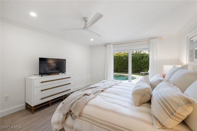 bedroom featuring light wood finished floors, baseboards, recessed lighting, access to outside, and ornamental molding