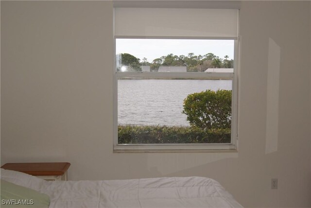 bedroom featuring multiple windows and a water view