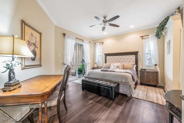 bedroom featuring ceiling fan, ornamental molding, dark hardwood / wood-style flooring, and access to exterior